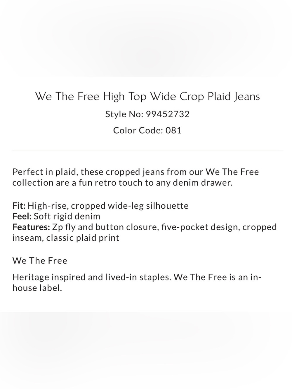 We The Free Rust Plaid Cropped Wide-Leg Jeans - Picture 5 of 6